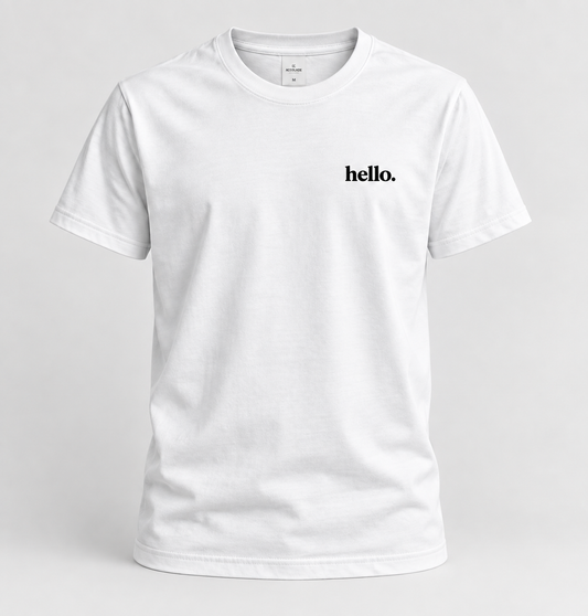 hello. tee: White/ Black